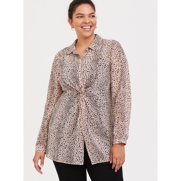 Torrid Womens Blouse Plus Size 1X Chiffon Twist Front Leopard Print Open Sheer - Picture 2 of 11